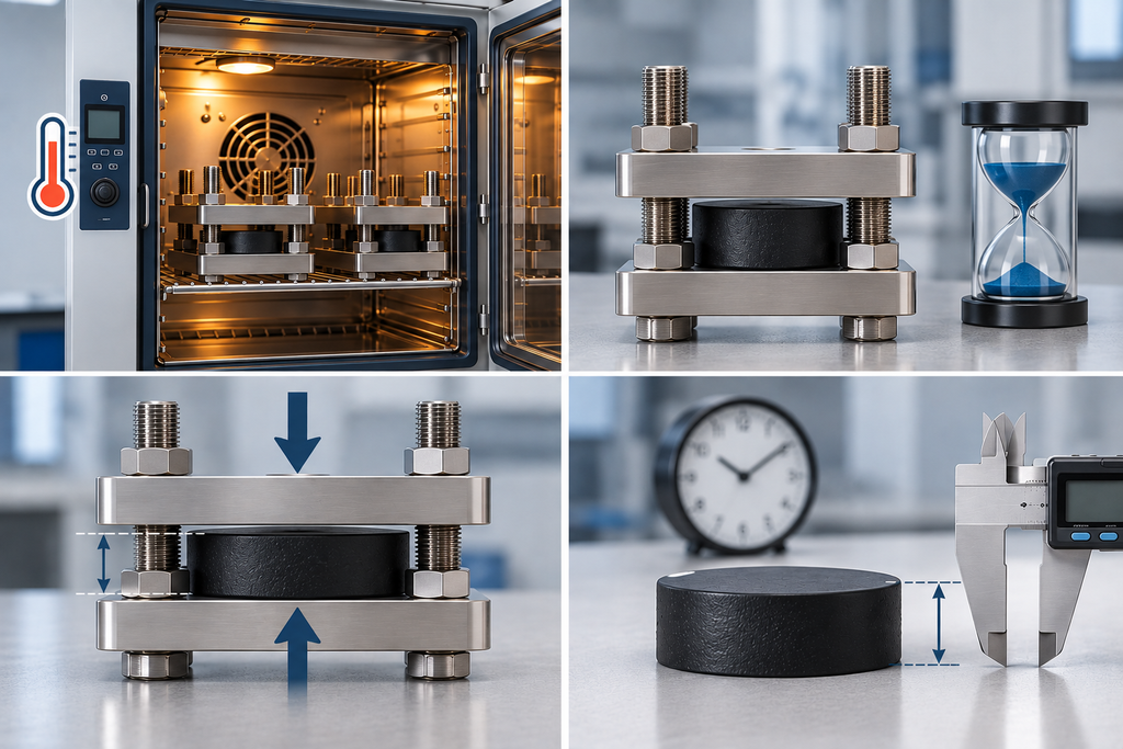 Prova di compression set su campioni in gomma con riferimento alle norme ISO 815-1, ISO 815-2 e ASTM D395.